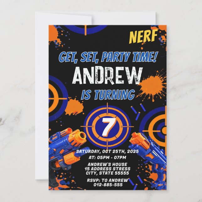 Personalized Kids Nerf Birthday Invitation Inbjudningar (Framsida)