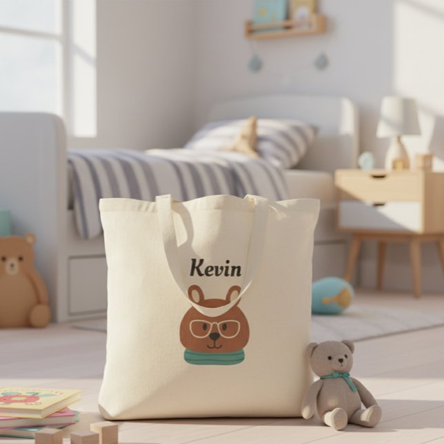 Personalized Kids' Tote Bag with Hipster Bear  Tygkasse (Skapare uppladdad)