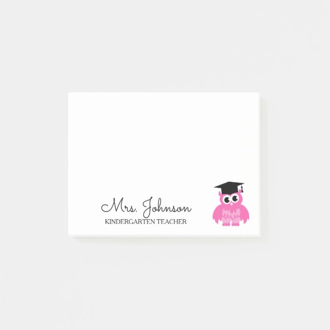 Personalized kindergarten school teacher pink owl post-it block (Framsida)