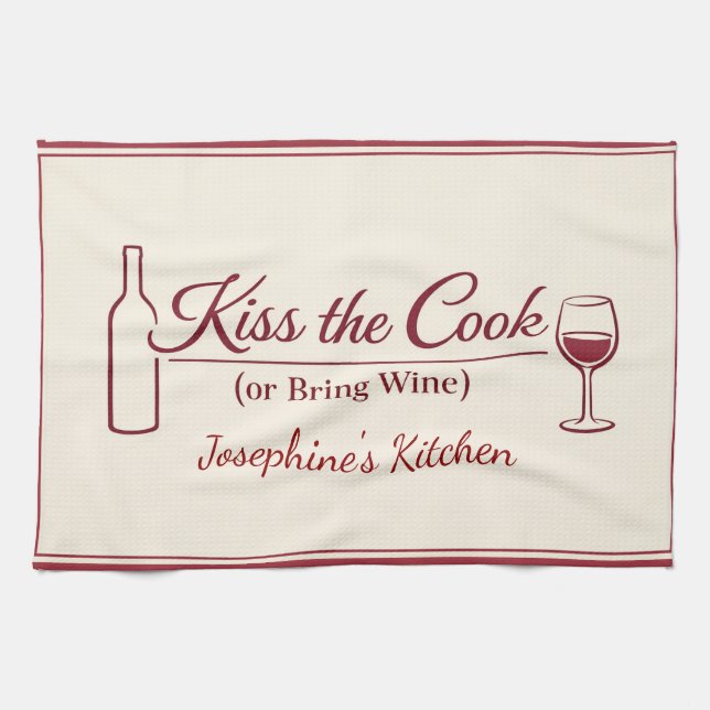 Personalized Kiss the Cook or Bring Wine Funny Red Kökshandduk (Horisontell)