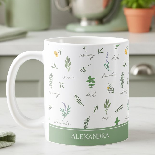 Personalized Kitchen Garden Botanical Mug Kaffemugg (elegant personalized kitchen herb garden botanical floral sage green mug with custom name)