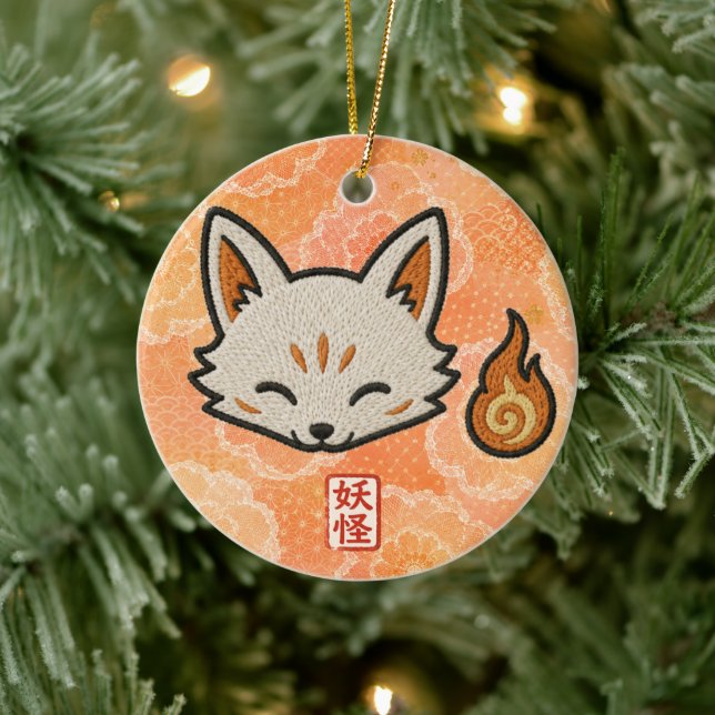 Personalized Kitsune Ceramic Ornament | Japanese F (Träd)