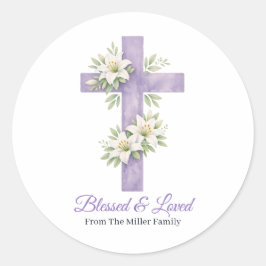 Personalized Lavender Floral Cross Blessed & Loved Runt Klistermärke