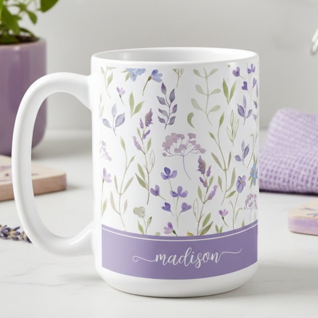 Personalized Lavender Floral Mug Kaffemugg (watercolor cottagecore lavender floral mug with custom name monogram, personalized gift for her)