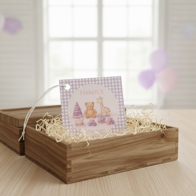 Personalized Lavender Gingham 1st Birthday  Gåvor Etiketter (Skapare uppladdad)