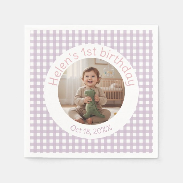 Personalized Lavender Gingham Birthday Photo Pappersservett (Framsidan)