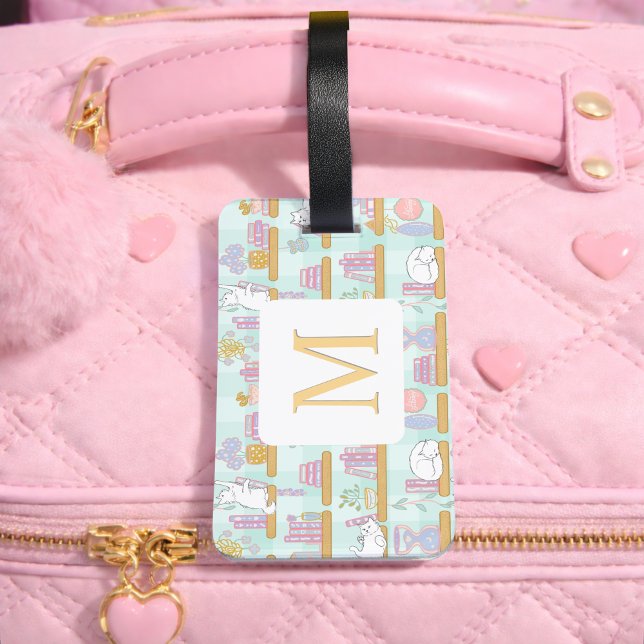 Personalized Letter Cats Library Book Girl Green Bagagebricka (Skapare uppladdad)