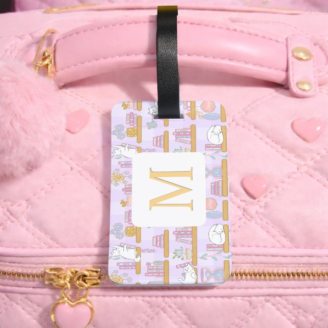 Personalized Letter Cats Library Book Girl Purple Bagagebricka (Skapare uppladdad)