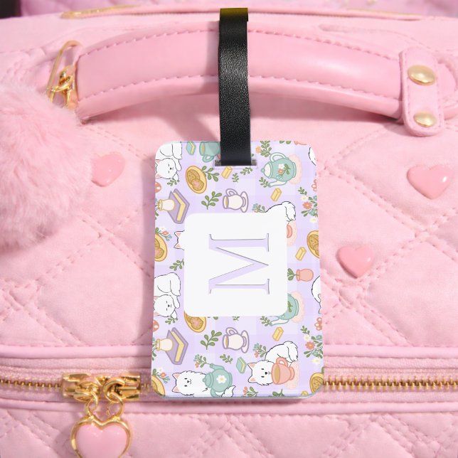 Personalized Letter Tea & Bookish Cat Girl Purple Bagagebricka (Skapare uppladdad)