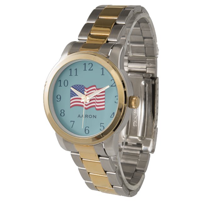 Personalized Light Blue American Flag Watch Armbandsur (Vinklad)