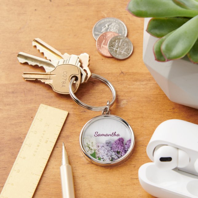 Personalized Lilac Keychain | Spring Name Keychain Rund Silverfärgad Nyckelring (Skrivbord)