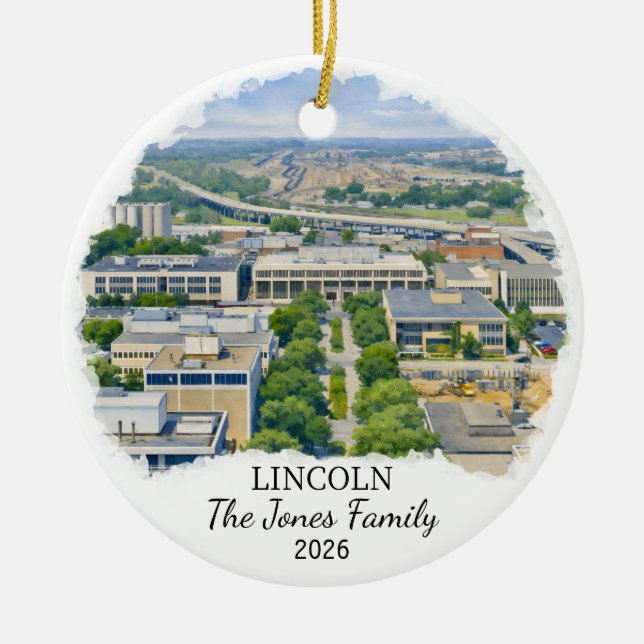 Personalized Lincoln Ornament, Custom Nebraska Julgransprydnad Keramik (Framsidan)