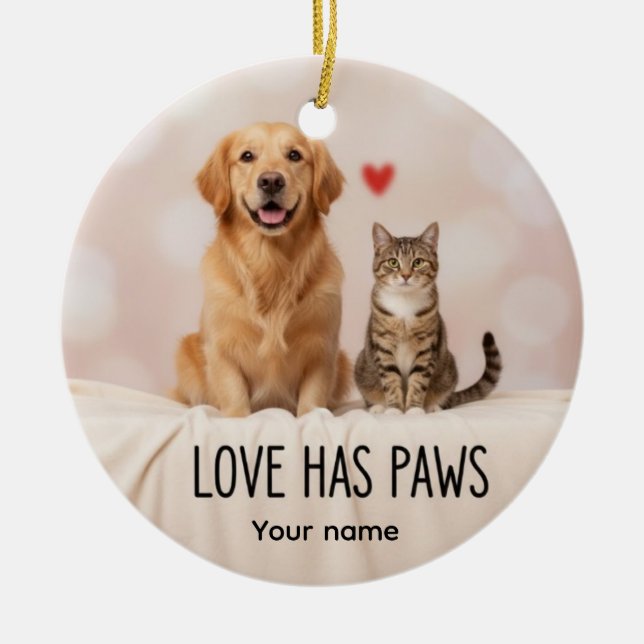 Personalized Love Has Paws Dog & Cat Ornament (Framsidan)