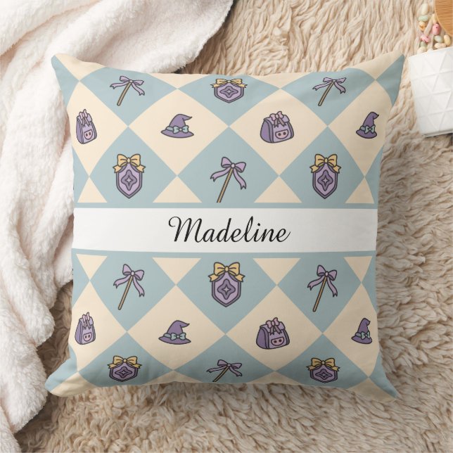 Personalized Magical Girl Name Blue Checkered Kudde (Filt)
