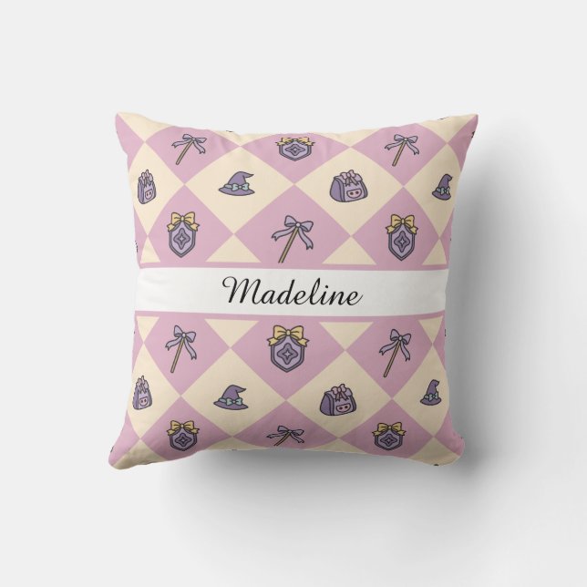 Personalized Magical Girl Name Pink Checkered Kudde (Baksida)