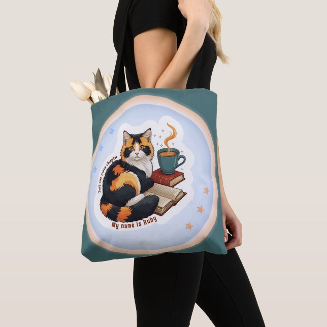 Personalized Magical Teal Calico Cat Bookworm Tote Tygkasse (Närbild)