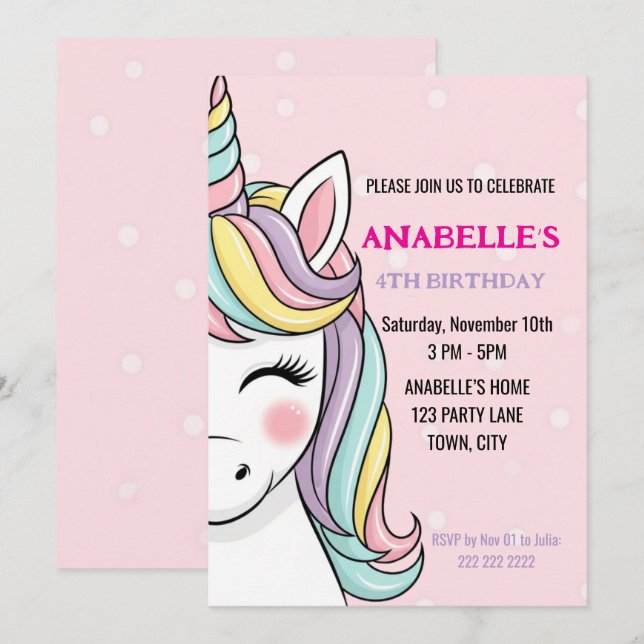 Personalized Magical Unicorn Birthday  Inbjudningar (Fram/baksida)