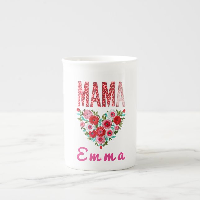 Personalized Mama Heart Floral Custom Gift Benporslin Mugg (Framsidan)