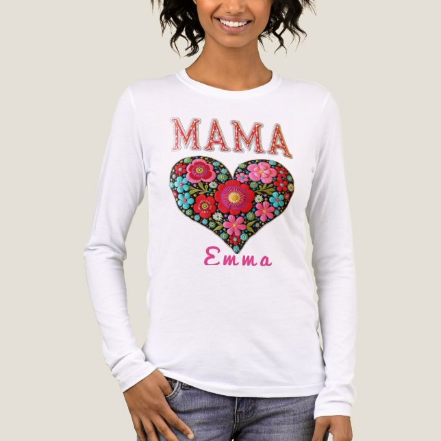 Personalized Mama Heart Floral Custom Gift T Shirt (Framsida)