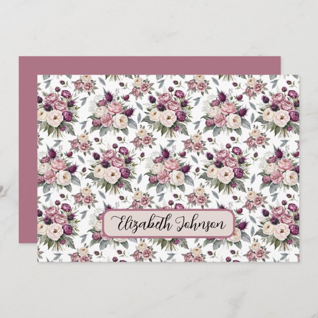 Personalized Mauve Floral Botanical Note Card Anteckningskort (Fram/baksida)