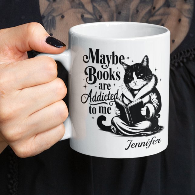 Personalized Maybe Books Are Addicted To Me Kaffemugg (book reading cat mug)