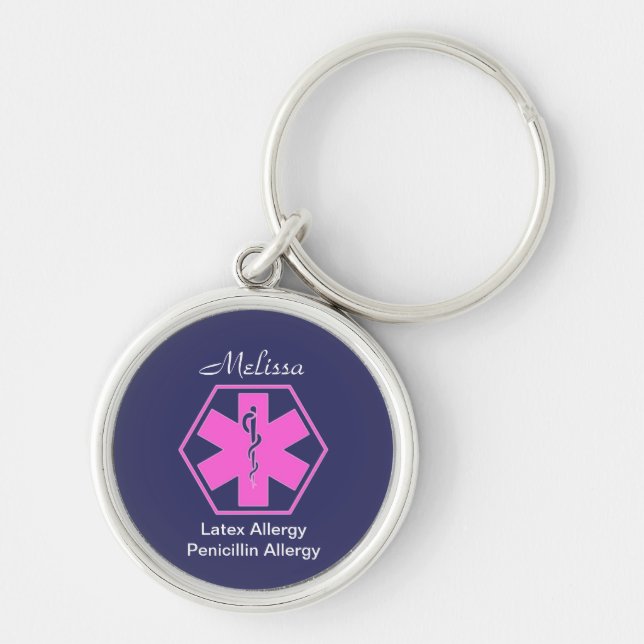 Personalized Medical allergy alert keychains Rund Silverfärgad Nyckelring (Framsidan)