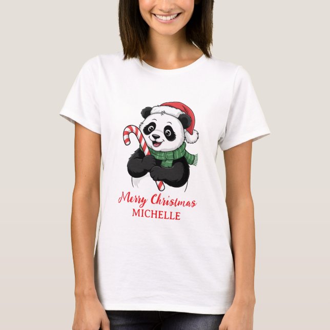 Personalized Merry Christmas Cute Panda Bear T Shirt (Framsida)