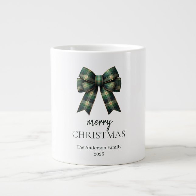 Personalized Merry Christmas | Green Plaid Bow Jumbo Mugg (Framsidan)