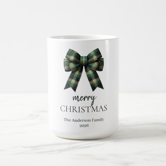 Personalized Merry Christmas | Green Plaid Bow Kaffemugg (Center)