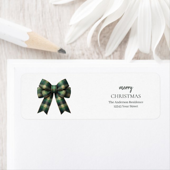 Personalized Merry Christmas | Green Plaid Bow Returadress Etikett (Insitu)
