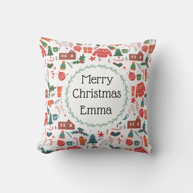 Personalized Merry Christmas Name Holiday Pillow Kudde (Framsida)