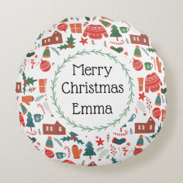 Personalized Merry Christmas Name Holiday Pillow Rund Kudde