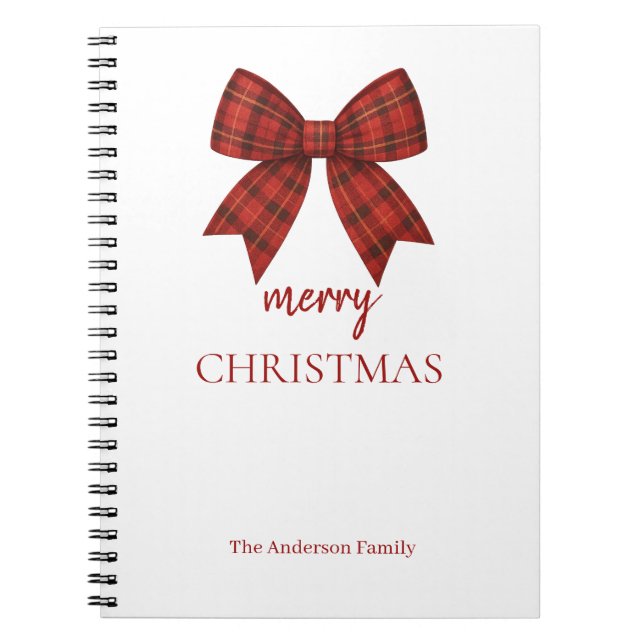 Personalized Merry Christmas | Red Plaid Bow Anteckningsbok (Framsidan)