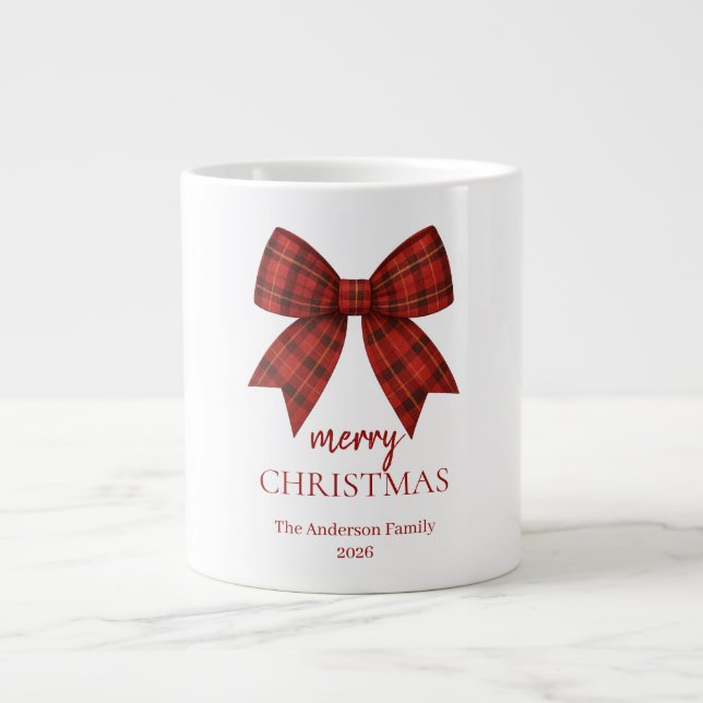 Personalized Merry Christmas | Red Plaid Bow Jumbo Mugg (Framsidan)
