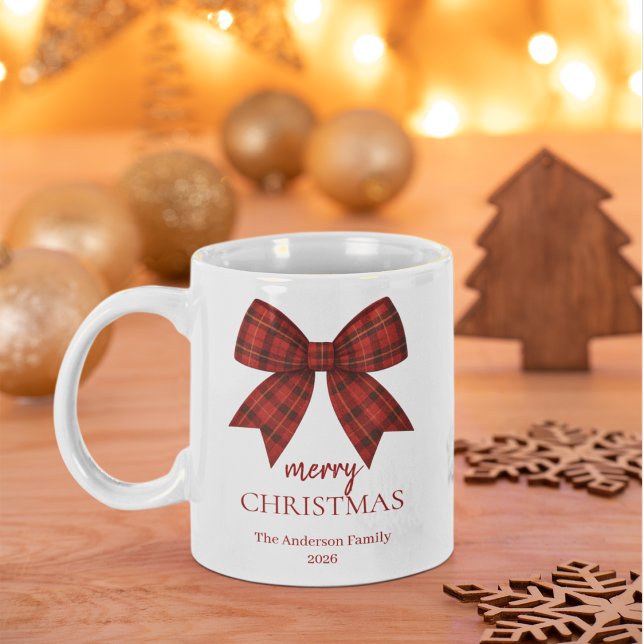 Personalized Merry Christmas | Red Plaid Bow Jumbo Mugg (Skapare uppladdad)