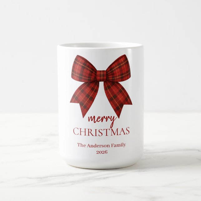 Personalized Merry Christmas | Red Plaid Bow Kaffemugg (Center)