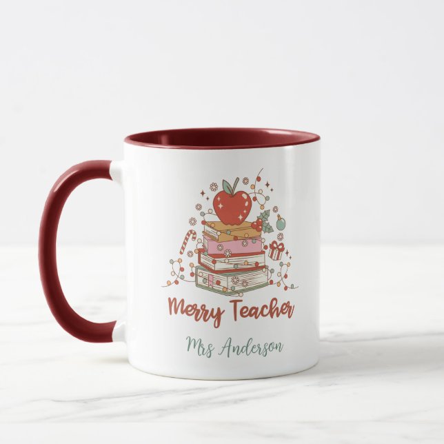Personalized Merry Teacher Christmas Tree Books  Mugg (Vänster)