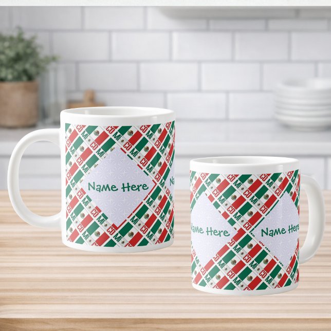 Personalized Mexico Flag Tiled Jumbo Mugg (Personalized jumbo mug tiled Mexican Flag and MEXICO below. 3 squiggly squares fractals for name.)