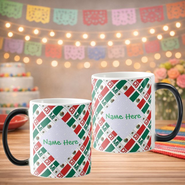 Personalized Mexico Flag Tiled Magisk Mugg (Personalized morph mug with tiled Mexican flag, MEXICO below. White fractals hold name on two sides.)