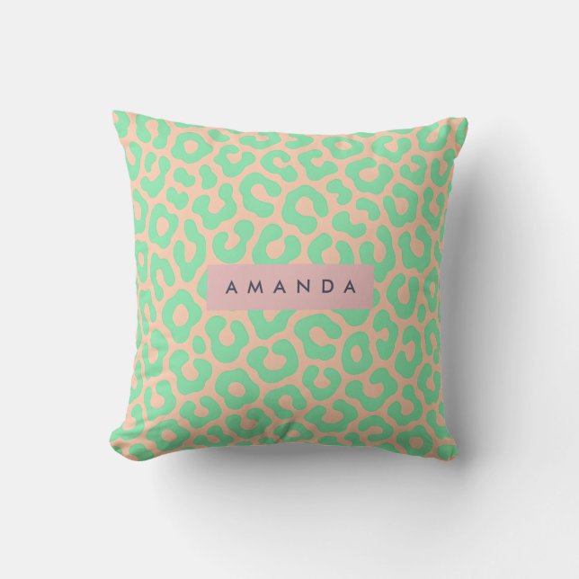 Personalized Mint Green and Peach Leopard Print Kudde (Framsida)