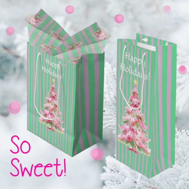 Personalized Mint Green Pink Stripe Christmas Tree (Gift bags in small, medium and wine. You can personalize the text!)