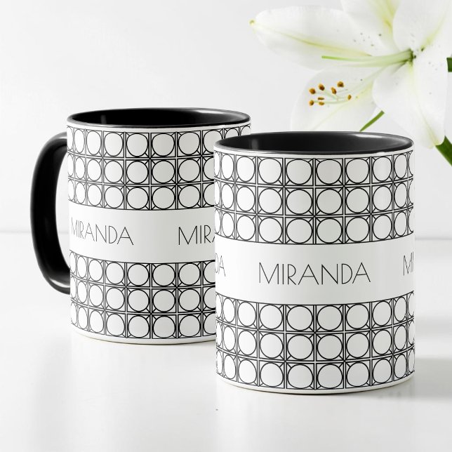 Personalized Modern Black and White Rattan Pattern Magisk Mugg (Personalized Modern Black and White Rattan Pattern Color Morph Mug)