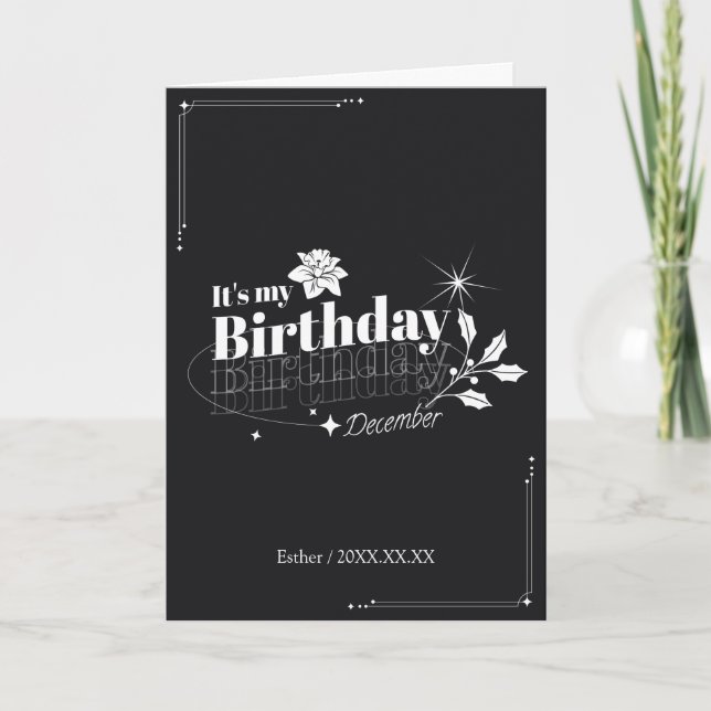 Personalized Modern Black Floral December Birthday Kort (Framsida)