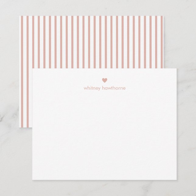 Personalized Modern Blush Pink Stripes & Heart Anteckningskort (Fram/baksida)