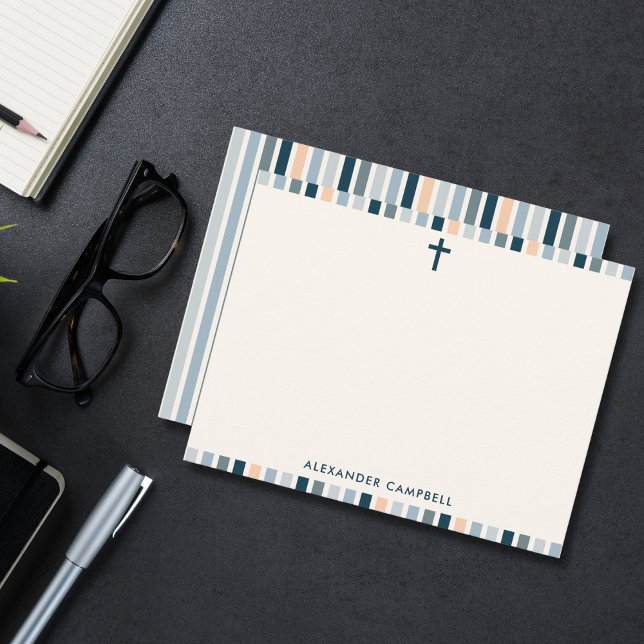 Personalized Modern Christian Striped Cross Anteckningskort (Simple cross and soft stripes—perfect for personal, faith-filled notes.)