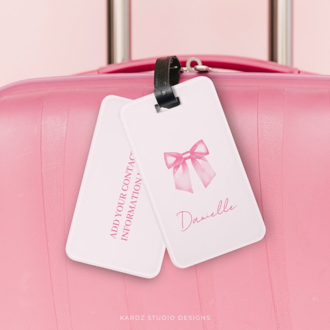 Personalized Modern Elegant Pink Bow Bagagebricka (Skapare uppladdad)