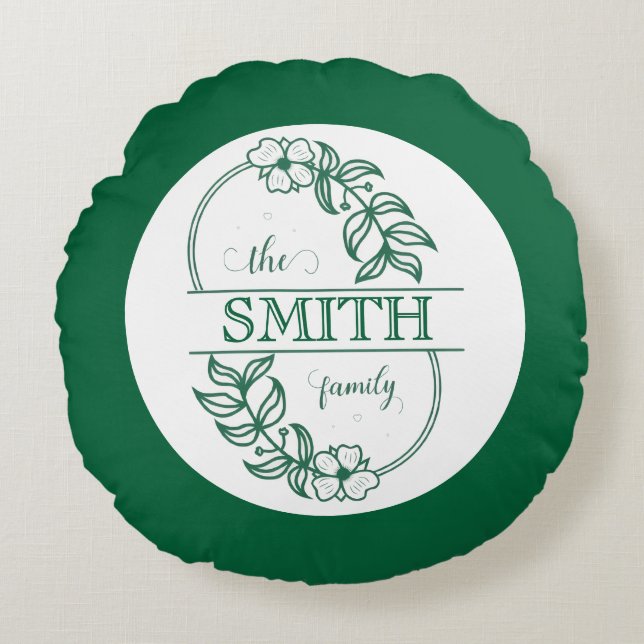  Personalized Modern Floral Family Name Monogram Rund Kudde (Framsidan)