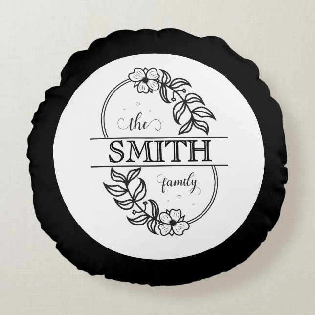  Personalized Modern Floral Family Name Monogram Rund Kudde (Framsidan)