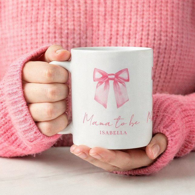 Personalized Modern Mama To Be Pink Bow Mug Kaffemugg (An 11-oz mug is shown. Customize it with name and choose mug style and size.)