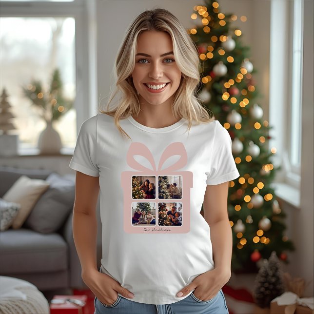 Personalized Modern Pink Christmas Photo Gift Box T Shirt (Skapare uppladdad)